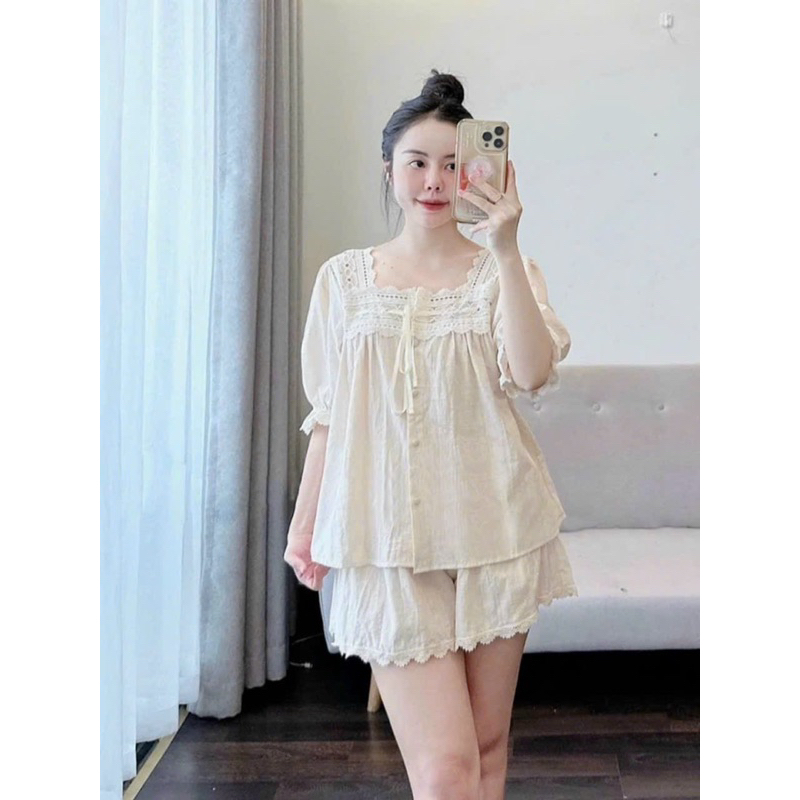 Bộ Pijama Đùi Thô Tiểu Thư Cổ Vuông