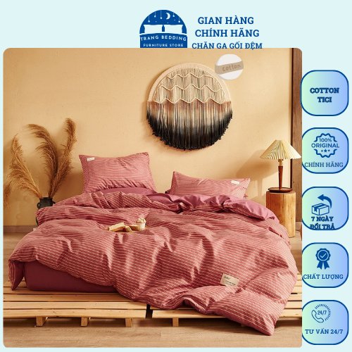 Bộ chăn ga gối cotton tici kẻ đơn giản, màu sắc hài hòa, Bộ chăn ga gối cotton tici kẻ 4 món Trang bedding