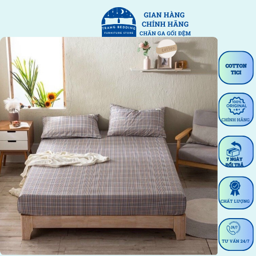 Bộ ga gối cotton tici kẻ 3 món mát mẻ, mềm mại, Bộ ga gối cotton tici kẻ miễn phí bo chun Trang bedding