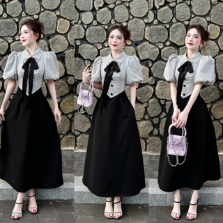 A4- Váy sơ mi kẻ đen TAY BÍ bồng dáng dài thiết kế, nút bọc cột nơ xinh xắn, có túi ẩn hai bên mềm mịn đủ size S-M-L