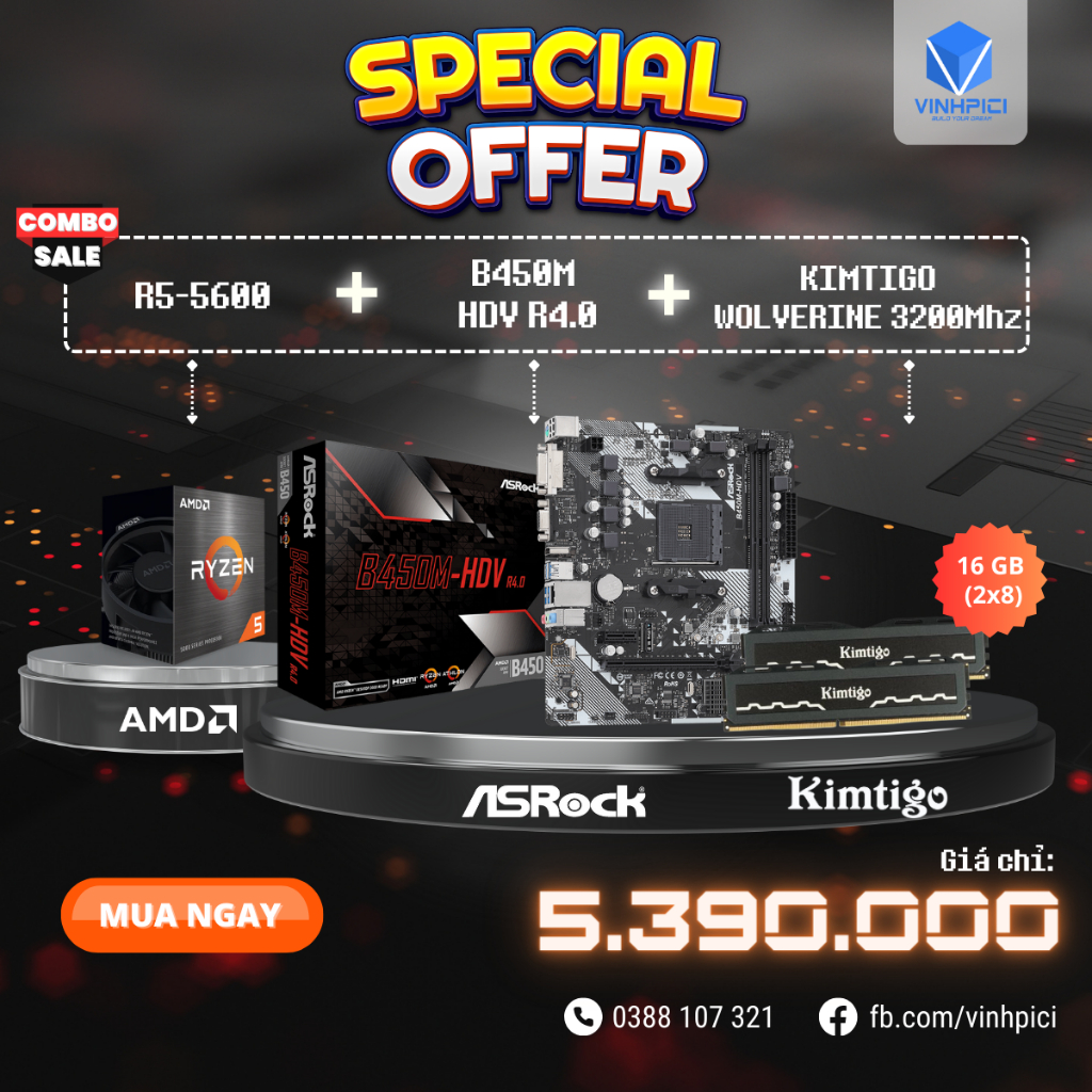 Combo AMD B450M HDV R4.0 + R5 5600 + KIMTIGO WOLVERINE DDR4 16GB (8x2) 3200mhz