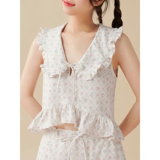 Amegon áo croptop linen cổ bèo cột nơ lara top