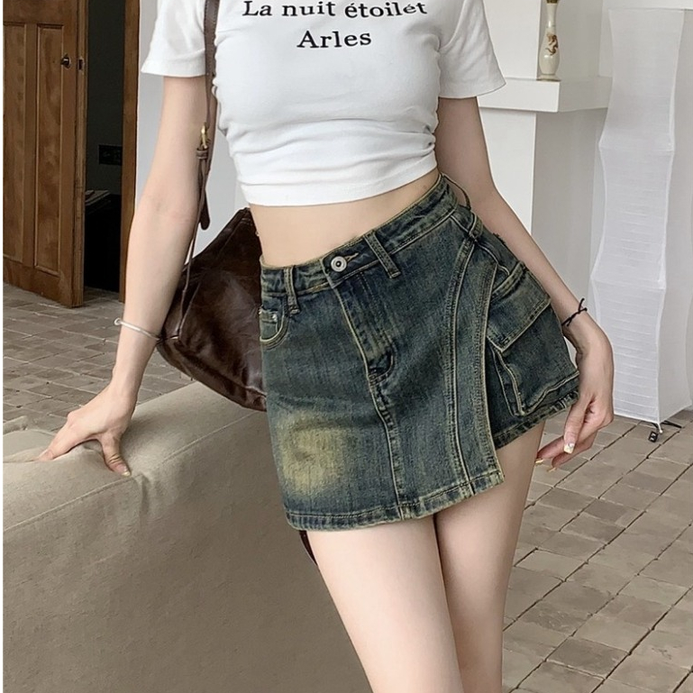 Quần short jean nữ cạp cao giả váy, quấn short jean KABICO tôn dáng phong cách_C45