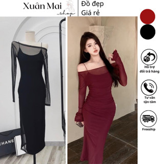 [FREESHIP] Đầm mini ôm body nữ chất lưới mềm rũ viền cuốn biên tay ngắn hai màu nude đen siêu xinh