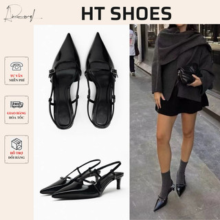 Giày sandal Z cao gót mũi nhọn hở gót phối khoá lạ mắt phong cách retro Pháp cao 4cm dễ phối đồ phái nữ Fullbox #1777-1