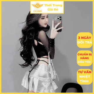 Áo Thun Đá Nữ Khoét Hở Lưng Xuyên Thấu Cổ Cao Dáng Ngắn Croptop GOSS GA878 Áo Thun Nữ Dài Tay Thu Đông Sexy Cá Tính