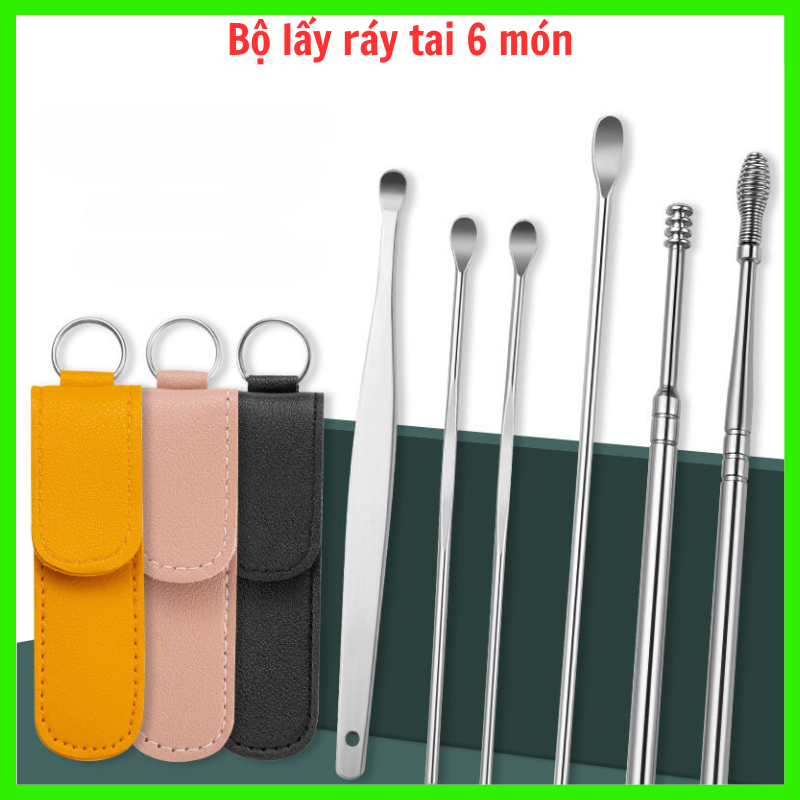 Bộ lấy ráy tai 6 món làm từ thép không gỉ dài 8cm đựng trong bao da có móc