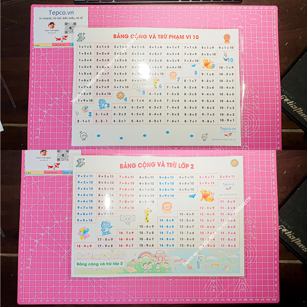 Combo bảng cộng trừ phạm vi 10, lớp 2, in 1 mặt, in 2 mặt lớp 1 & 2, ép plastic dầy siêu bền mua 1 l