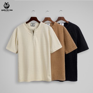 Áo thun cộc tay Nam , dây zip kéo  AT-122 (Quân còi 1988)  vải cotton nhung dệt chữ