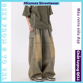   ORDER+ẢNH THẬT  Quần bò jeans ống rộng túi hộp cargo pants cạp chun dây rút màu retro wash ombre Âu Mỹ hiphop unisex 