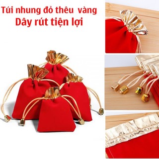 [SIÊU RẺ] Túi nhung đỏ thêu chỉ vàng dây rút tiện lợi cỡ 7X9 cm