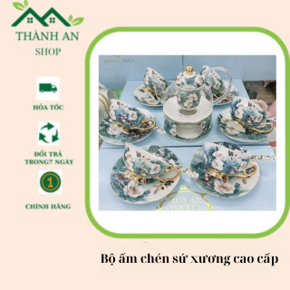Bộ ấm chén sứ xương cao cấp phong cách Châu Âu 6 cốc, bộ ấm chén đế nến hoa mộc lan 2.15