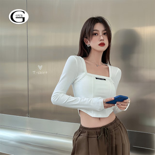 Croptop Nữ Cổ Vuông Tay Dài LOGO NGỰC Đẹp Ôm Body, Áo Thun Croptop Kiểu Dài Tay