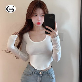 Áo croptop nữ tay dài cổ u vạt bầu ôm body, áo thun croptop dài tay kiểu sexy chất gân