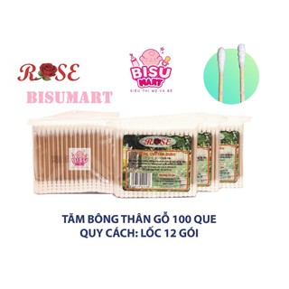 Tăm bông, bông ráy tai thân lõi gỗ ROSE (Bịch 100 que)