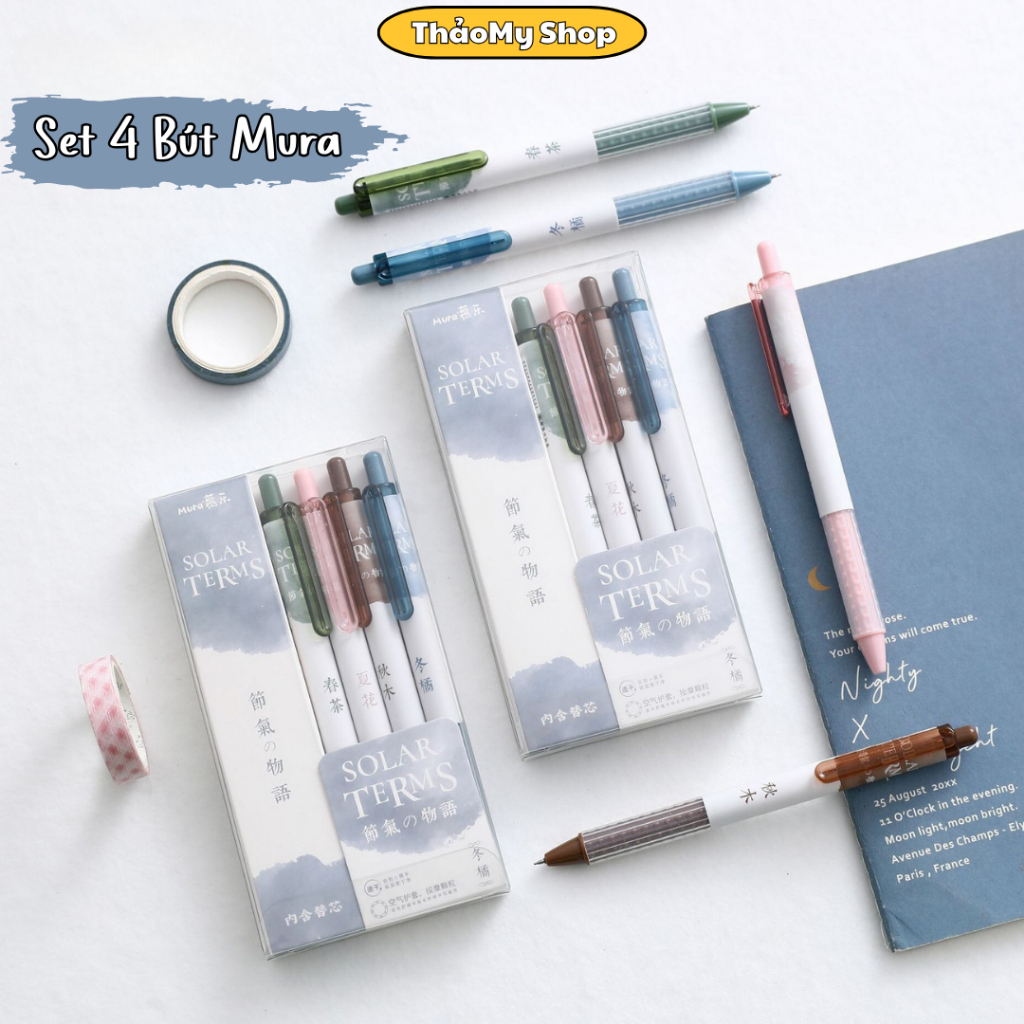 Set 4 bút gel Mura Solar Terms phong cách cổ trang bút bi bấm Mura M8110 ngòi 0.5mm mực đen khô nhan