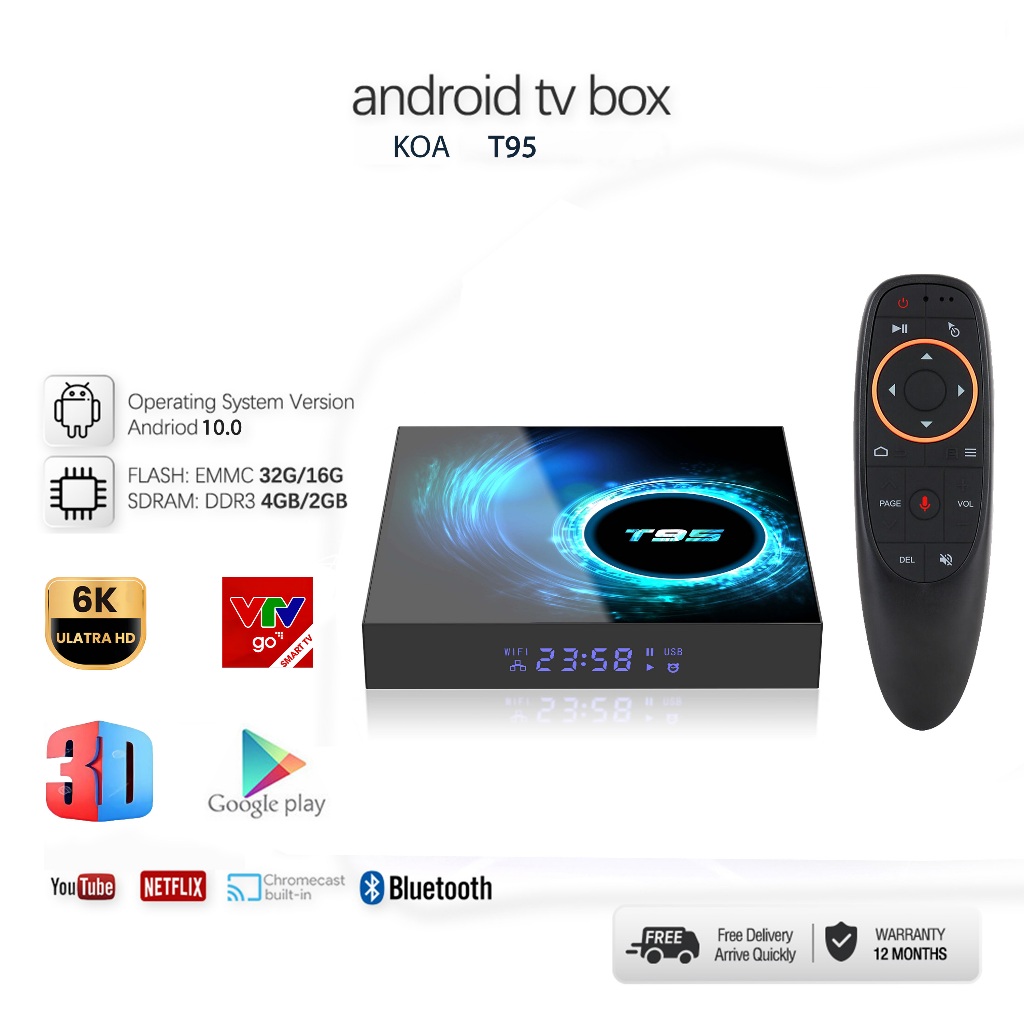 Android TV box T95 4G ​​RAM 64G ROM wifi băng tần kép TV box android10 bluetooth độ phân giải 6K bảo hành 12 tháng