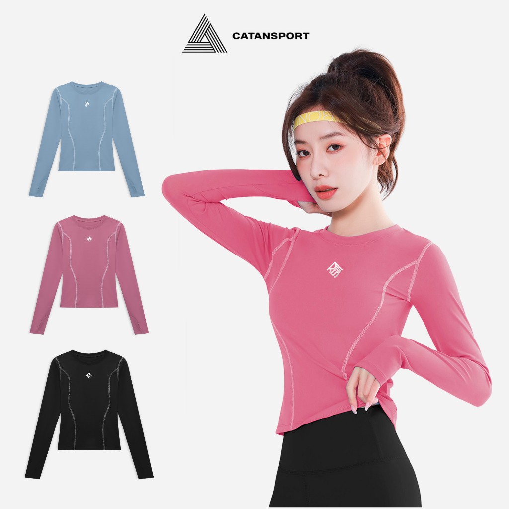 Áo Thun Thể Thao Cổ Tròn Dài Tay Nữ CATAN SPORT Tập Gym Yoga Họa Tiết Đánh Bông Phom Ôm Vải Mịn Mềm Thoáng Khí AN503