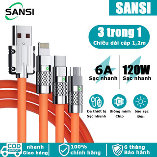 Cáp sạc nhanh 3 trong 1 120W 6A đầy đủ cổng tiện ích,dây cáp sạc nanh bằng silicone đầu hợp kim kẽm sạc nhanh Huawei