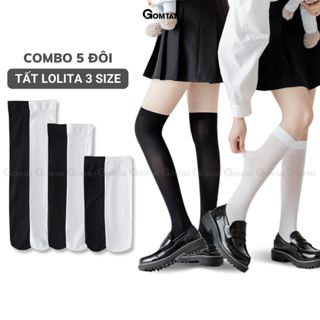 Combo 5 đôi tất lolita nữ GOMTAT cổ cao, dưới gối và qua gối trơn trắng đen, chất liệu thun lạnh mềm mịn - HOT-1805-CB5