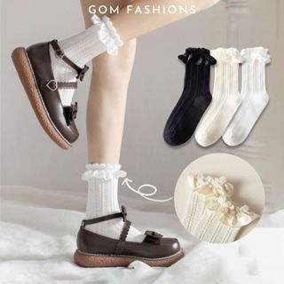 Vớ lolita ren trắng cổ trung GOMTAT mang giày búp bê oxfod, tất nơ cổ cao viền ren, phong cách tiểu thư- HOT-1802