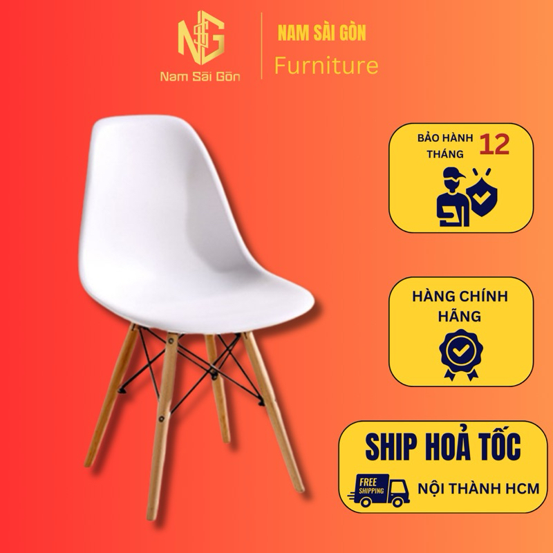 Ghế eames gỗ nhựa Nam Sài Gòn chân gỗ sồi sắt giằng chắc chắn HCM