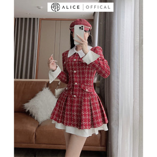 Váy Dạ Tweed Kẻ Sọc Tiểu Thư ALICE Váy Xinh Dập Ly Nắp Túi Giả Phối Cổ Trắng Phong Cách Thanh Lịch Điệu Đà V962