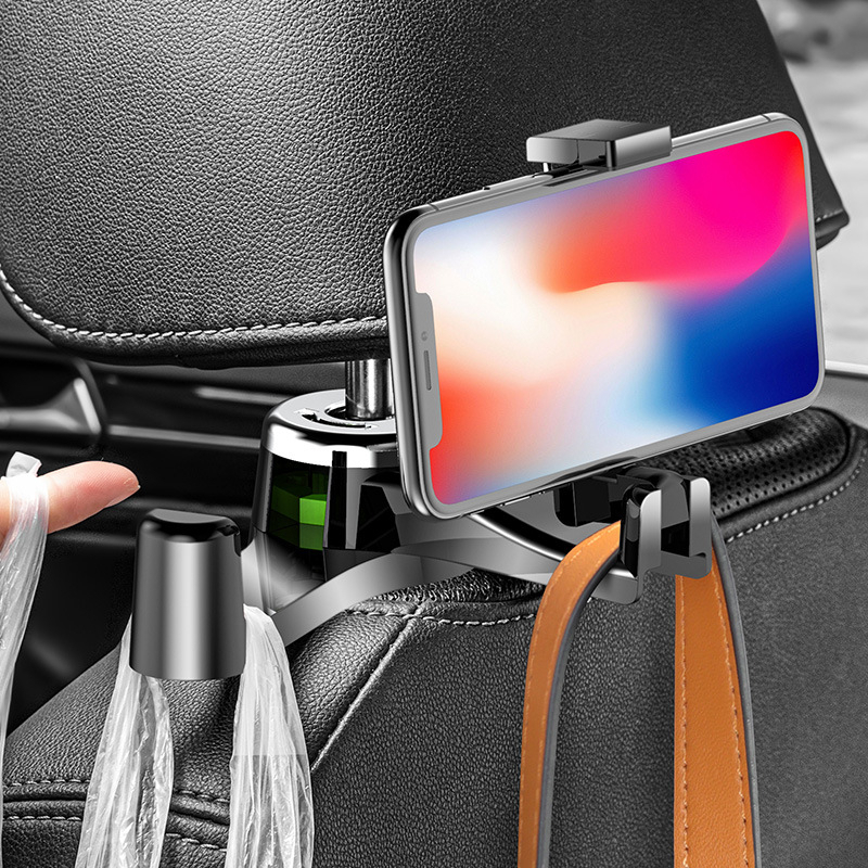 Móc kép treo đồ gắn sau ghế ô tô kiêm giá đỡ để điện thoại cao cấp | BigBuy360 - bigbuy360.vn