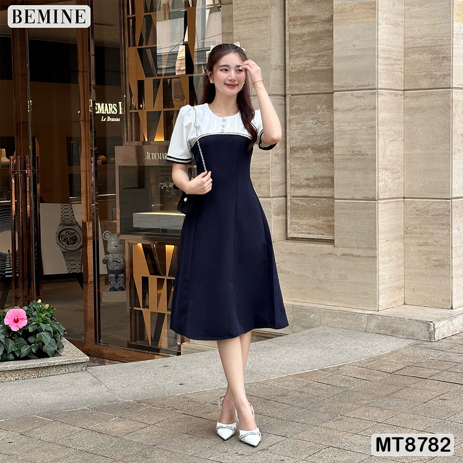 Đầm thiết kế cổ tròn phối ren ngắn tay tùng xoè BEMINE MT8782
