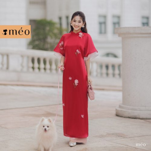 Áo dài Tết 2024 Méo shop thiết kế, áo dài accsh tân vải oganza tay lỡ đính hoa Tú Châu
