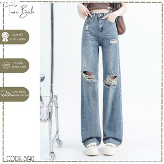Quần jean nữ ống suông xanh đá nhạt rách cơ bản - 5190