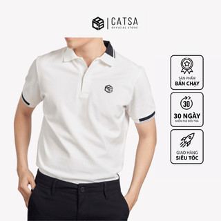 Áo thun polo CATSA trắng phối cổ bo thêu logo thun cotton cá sấu co giãn 4 chiều mềm mại thoáng mát chính hãng ATP272