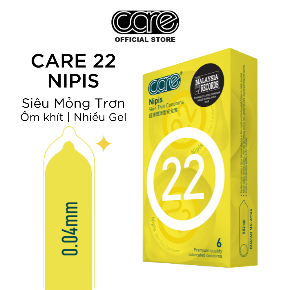Bao Cao Su Siêu Mỏng CARE 22 Nhiều Gel Bôi Trơn, Kéo Dài Thời Gian, Hương Nước Hoa Truyền Nhiệt Tốt Hộp 6 Bcs Care Latex