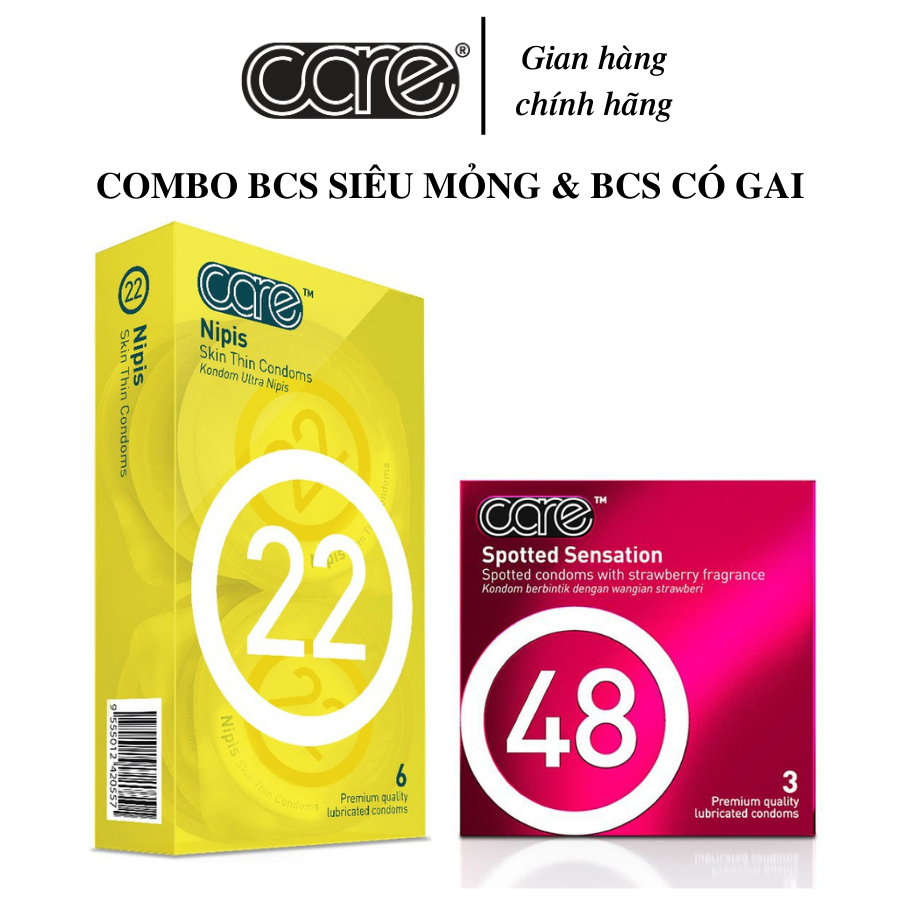 Combo Bao Cao Su Siêu Mỏng CARE 22 Hộp 6 Và BCS Gai CARE 48 Hộp 3 Tăng Cường Nhiều Gel Bôi Trơn
