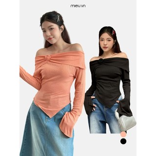 Áo thun nữ trễ vai tay loe cổ đính hoa nữ tính MIEU - KD08