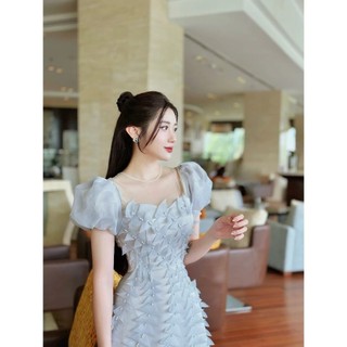 Đầm cổ thuyền tay bồng đính tam giác màu ghi đá sang chảnh đi tiệc siêu ăn ảnh V092
