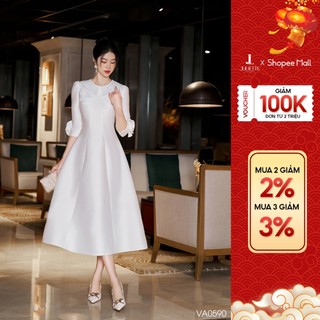 Đầm nữ trắng ify design dáng xòe cổ tròn đính hoa cổ tay va0590