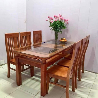 Bộ Bàn Ăn Hình Chữ Nhật 6 Ghế Mặt Kính  Gỗ Xoan Gỗ Sồi Đẹp Sang Trọng