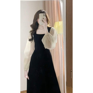 V227 đầm đen square neck phối tơ