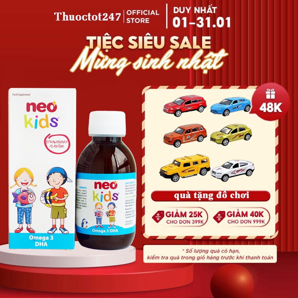 DHA cho bé Neo kids omega 3 DHA cho trẻ sơ sinh, Vitamin D3, A, E giúp phát triển trí não tăng cường thị lực Hộp 150ml