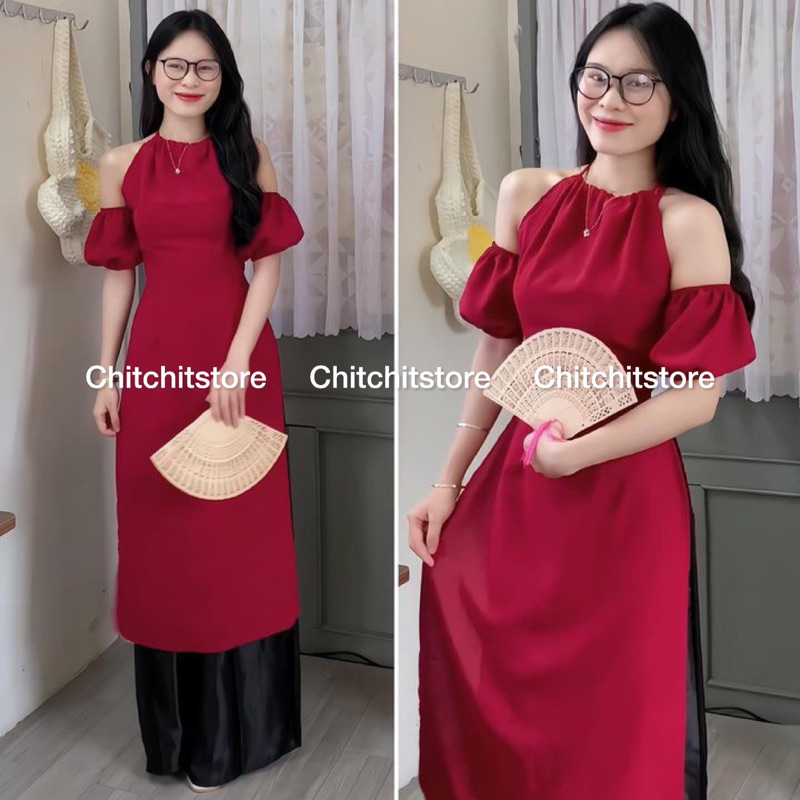 Áo dài yếm đỏ + quần đen - Chitchitstore