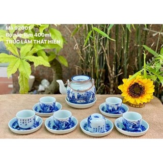 Bộ ấm chén men lam giả cổ vẽ tích trúc lâm thất hiền Bát Tràng