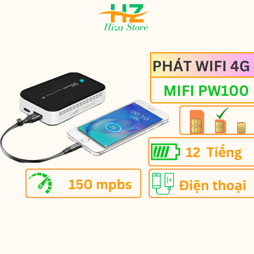 Cục phát 4G thành sóng wifi pw100 pin 10000mah kiêm sạc dự phòng, Olax MF6875, Olax MT10, Olax MF982, tốc độ 150mpbs