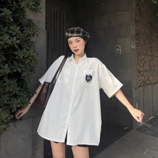Áo sơ mi tay ngắn thêu REGODS form rộng unisex nam nữ vải Kate chống nhăn - School Shirt