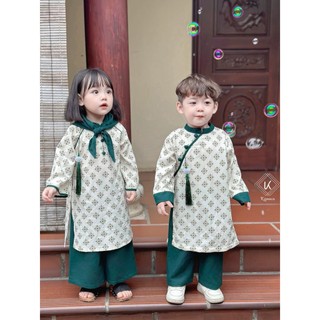 Set áo dài lụa xanh cho bé trai bé gái