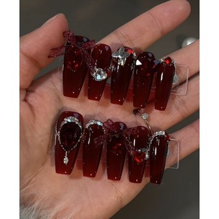 Nailbox thiết kế, màu đỏ thạch gắn đá sang chảnh 712