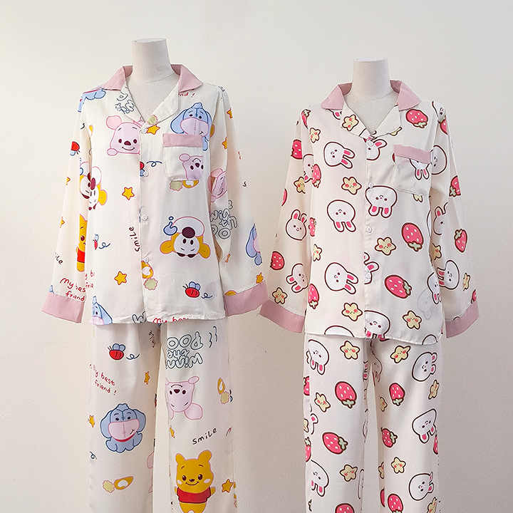 Đồ ngủ pijama mặc nhà dài tay lụa mango hoạ tiết dễ thương THOCA HOUSE bộ ngủ hoạt hình tay dài quần dài mát mẻ