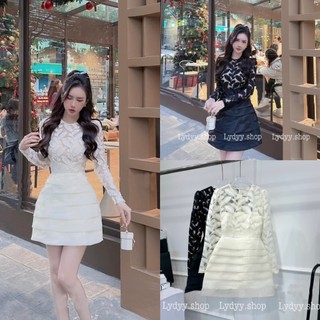 Set váy đầm ren dài tay, chân váy xếp tầng cao cấp thiết kế sang chảnh dự tiệc kèm áo 2 dây bên, vá ren trắng