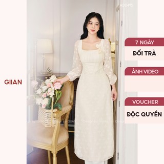 Áo dài cách tân nữ cổ vuông gắn hoa dáng tay dài thiết kế eo form corset chính hãng Giian - AD0495