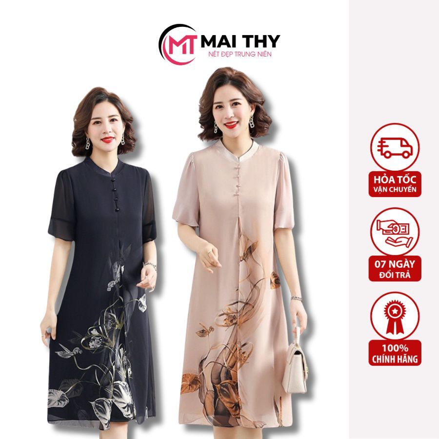 Đầm Trung Niên Nữ MAI THY, Váy Thiết Kế Xẻ Tà Voan 3 Lớp Cho Mẹ Trung Tuổi Nữ Tính Lịch Sự | Thời Trang Trung Niên U50